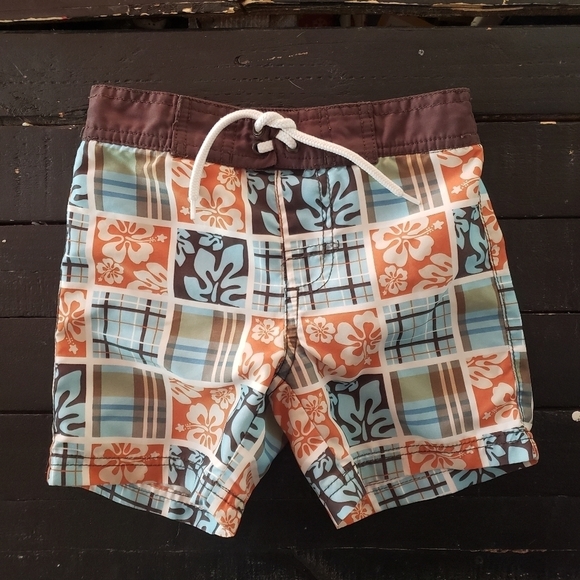 Gymboree Baby Boy 12-18 Months Swim Trunks Brown Orange Blue Plaid Hibiscus - Picture 1 of 3
